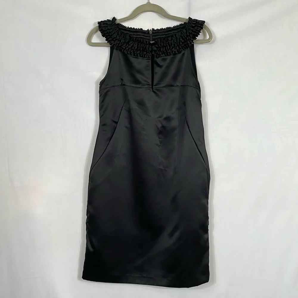 Ted Baker Dress Size 3 US8 Black Satin Cocktail Ruffle Neckline EUC